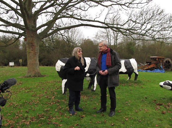 Liz Leyh with museum director Bill Griffiths in front of the concrete cows in Milton Keynes