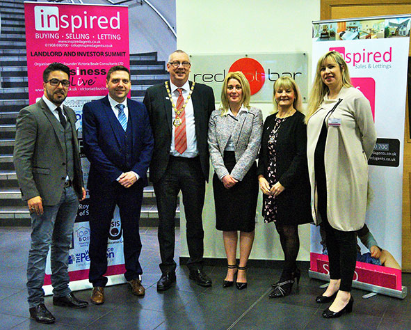 From left to right: Adil Marbouhi, Neil Briggs, Mayor of Milton Keynes Steve Coventry, Danielle Withers, the Mayoress Ms Liane Lacey and Victoria Beale at the Landlord and Investor Summit