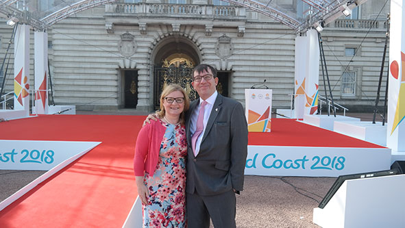 Duncan Mackay and Sarah Bowron from inside the Games at Buckingham Palace for the start of the Queen’s Baton Relay