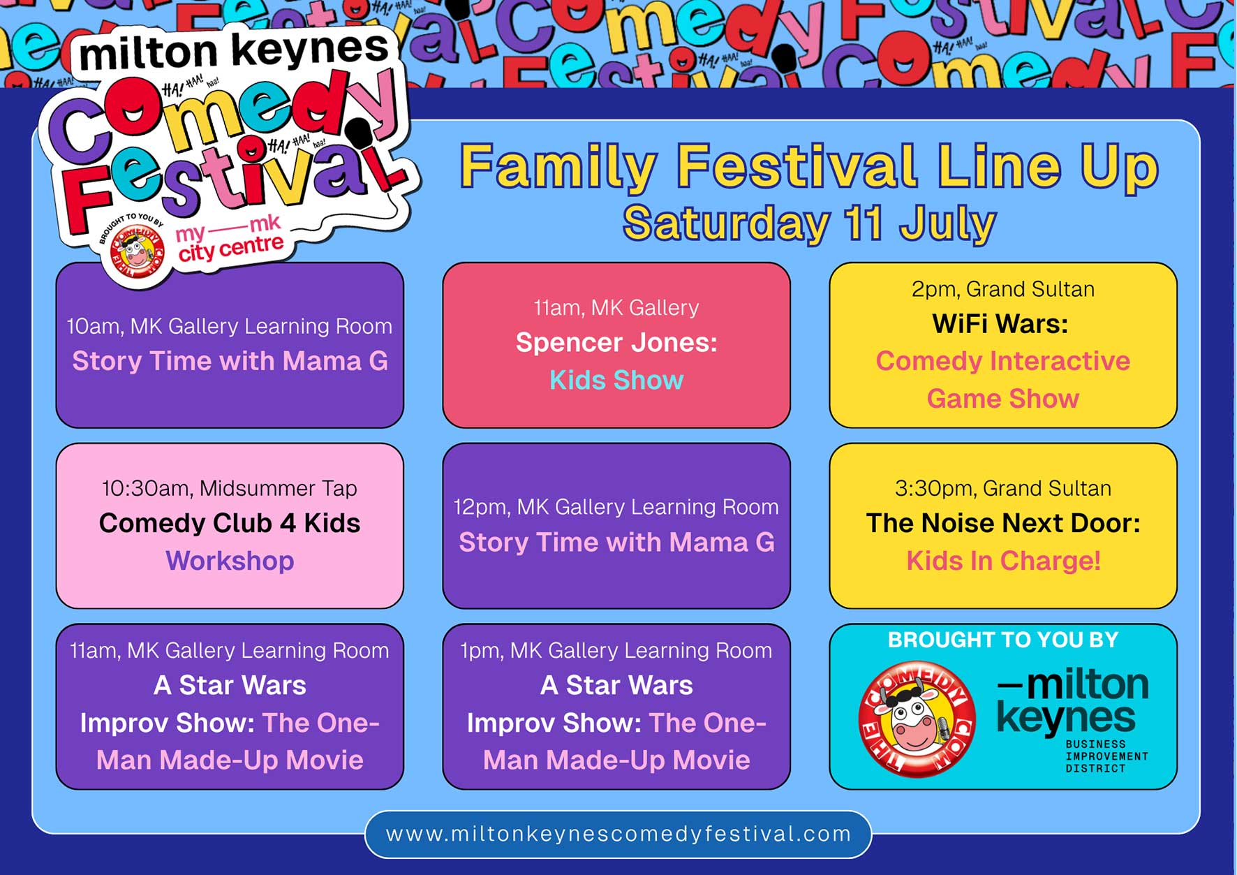 Milton Keynes Comedy Festival poster showing the Family Festival Line Up with colorful tiles listing show titles and times on a blue background.